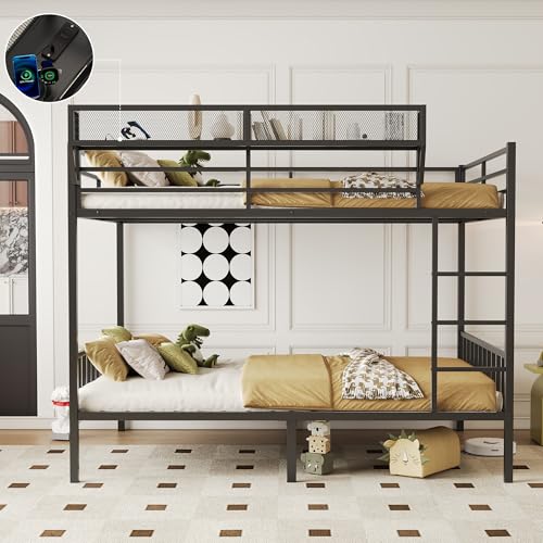 Image of Queen Over Queen Metal Bunk Bed with Storage Shelf & USB Charging | Open Storage Shelf,2 AC Outlets,2 USB Ports,Full-Length Guardrail for Boys&Girls,Noise-Free & Stable,No Box Spring Needed