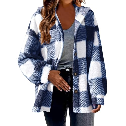 Fuzzy Fleece Jackets For Women Casual Fashion 2023 Plaid Button Down Shacket Warm Winter Sherpa Coats Outwear2