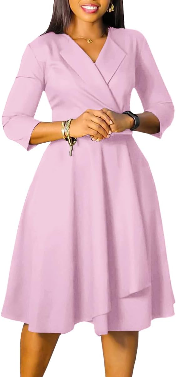 Elainone Women 3/4 Sleeve Casual Swing Flared A Line Dress Wedding Guest Semi Formal Office Work Dresses with Belt - Image 3