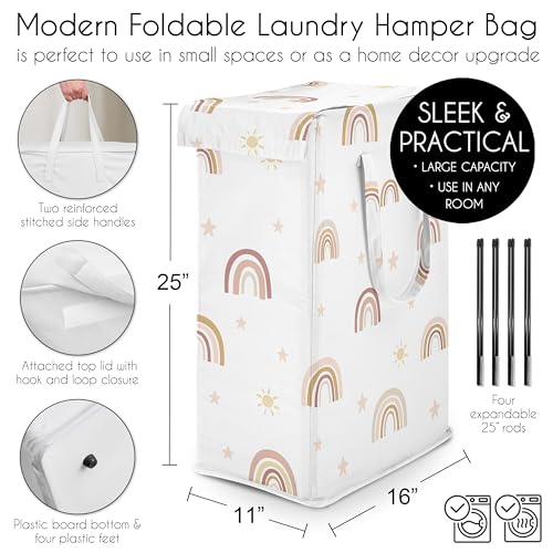 Image of Sweet Jojo Designs Boho Rainbow Girl Laundry Hamper Foldable Dirty Clothes Basket with Handles Baby Nursery Kids Bedroom Teen Bathroom Blush Pink Yellow Bohemian Modern Neutral Vintage Gold Stars Sky