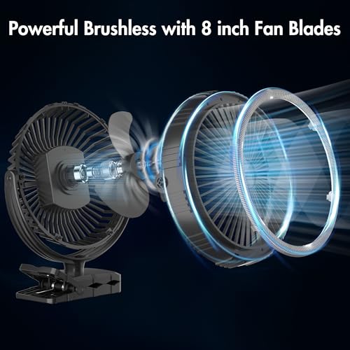 Image of 10000mAh Portable Fan with Clip, Rechargeable Clip On Fan with Light & Hook, 3 Strong Airflow & Timer, Battery Powered, Clamp On Desk Fan for Travel Outside Camping Sleep Bedroom Office RV Hurricane