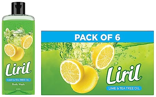 Image of Liril Lime & Tea Tree Oil Soap 125 g (Pack of 6) & Liril Lemon and Tea Tree Oil Body Wash, 250ml