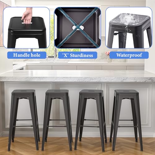 Butaco metálico apilable sin respaldo, sillas para barra y comedor, juego de 4 unidades (negro, altura 30 pulgadas) miniatura 6