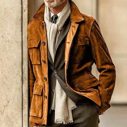 Mens Faux Suede Leather Jacket Single Breasted Button Down Solid Lapel Neck Outerwear Coat with Pocket for Wedding Prom2
