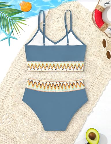 Image of BAVADER Teen Swimsuits for Girls 12-14 Bright Colors Bathing Suits Woven Welt High Waisted Bathing Suits for Teens 12-14 Girls Bikini 2 Pieces Swimsuit with Removable Bra Grey Blue