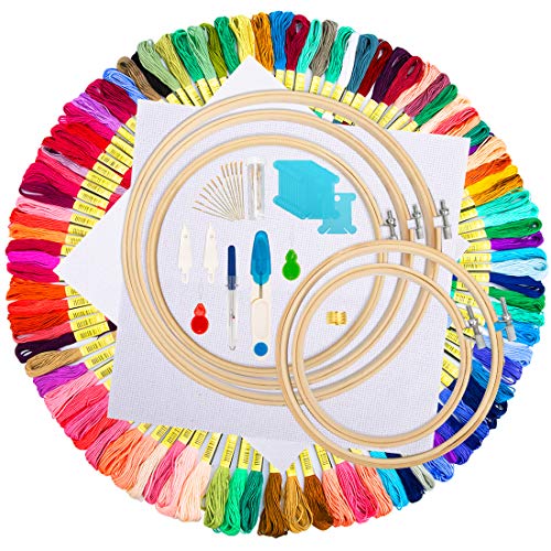 Aimego Kit Broderie Point Croix, 100 Fil Multicolores 5 Tambour à Broder 2 Tissu Brodé avec Les Autres Outils Accessoires pour Point de Croix Tricotage