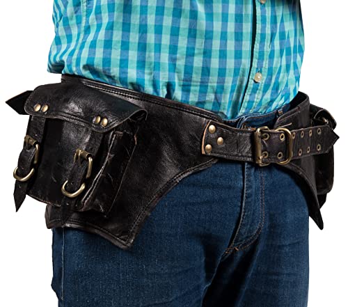 Hell Blues Messenger Belt Genuine Leather Handmade Vintage Waist 2-Pouches Fanny Pack ~ Men Women Utility Belt Gift, Black (Fits Waist 32"- 45") #TOP1