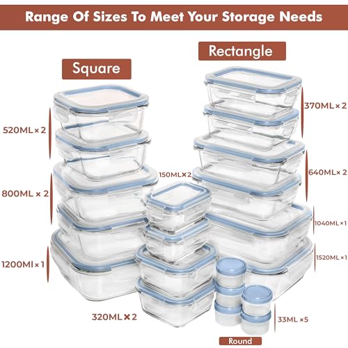 Image of Razab 35 Pc Set Glass Food Storage Containers with Lids - Meal Prep Airtight Bento Boxes BPA-Free 100% Leak Proof (15 lids,15 glass & 5 Plastic Sauce /Dip Containers)
