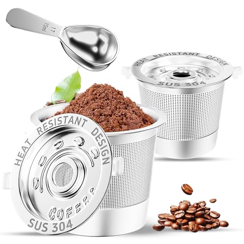 Image of 2 Pack Reusable K Cups Coffee Pods for Keurig Single Hole Machine: All Stainless Steel Refillable K Cups - Reusable Coffee Filters for Keurig, SUS 304, BPA-Free, Heat Resistant Handles, Scoop