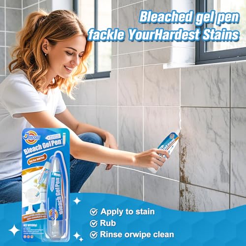 Image of Bleach Pen for Clothes & Grout, 4 in 1 Dual-Tip Stain Remover Gel Pen with Precision Tip & Brush Head, Portable Travel-Size for White Laundry, Bathroom Tile Lines, Mold & Mildew, Clothing DIY, Lemon