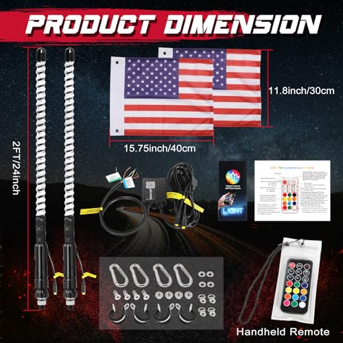 OFFROADTOWN 2PCS 2FT COB LED Whip Lights Bluetooth APP/Remote Control RGB Lighted Whips Turn Signal Light Chasing Warning Light Antenna Spiral LED Whips for UTV SXS SUV RZR Can-Am ATV Truck