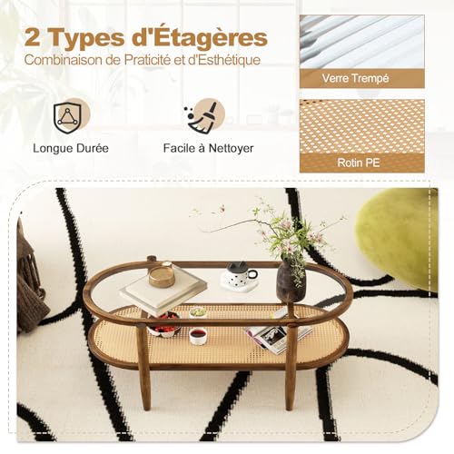 GIANTEX Table Basse en Verre et Bois de Massif, Table de Salon Ovale avec Rangement à 2 Niveaux, Plateau en Verre, Étagère en Rotin, 102 x 56 x 47 cm, pour Salon, Chambre, Appartement, Marron – Image 6