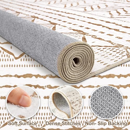 Nakagishi Area Rug Living Room Rugs: 5x7 Machine Washable Boho Large Neutral Farmhouse Stain Resistant Moroccan Indoor Carpet for Bedroom Nursery Dorm Classroom Playroom Dining Room House-Brown White