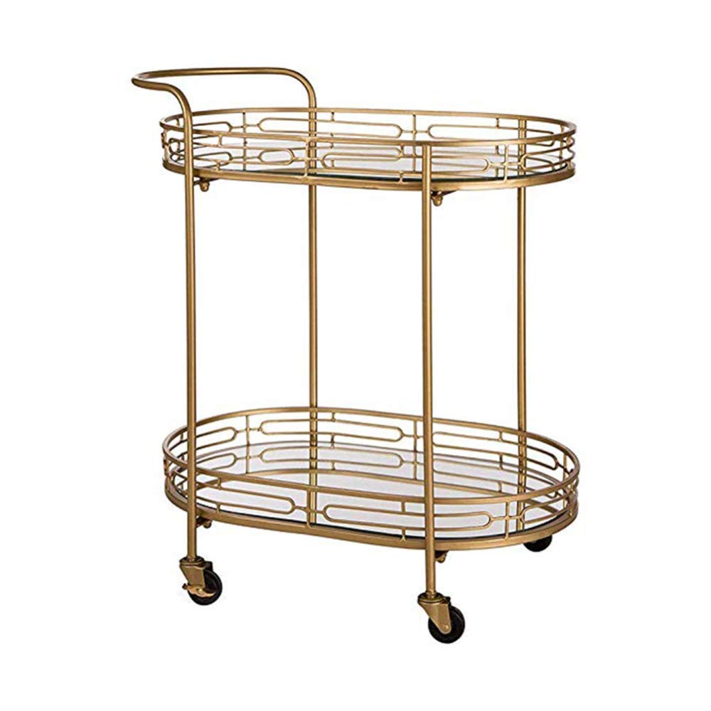 Carrello Ovale per Vino e tè a 2 Ripiani Color Oro con Piano in Vetro a Specchio - Carrello portaoggetti in Metallo con Ruote per Cucina, Elegante Supporto da Portata e Arredamento per la ca