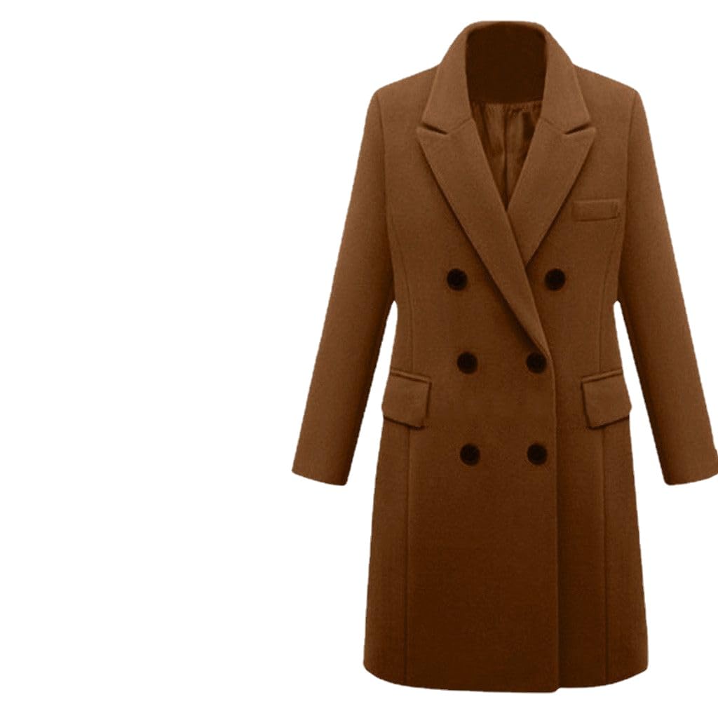 plbseWomen's Wool Trench Coat Double Breasted Pea Coat Nortched Laple Mid Long Woolen Overcoat Jacket