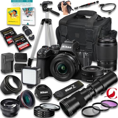 Nikon Z50 II Mirrorless Camera with Z DX 16-50mm f/3.5-6.3 VR and 50-250mm f/4.5-6.3 VR & 420-800mm f/8 Lens + 128 GB Memory + Extra Battery + Camera Case + More (33pc Bundle)