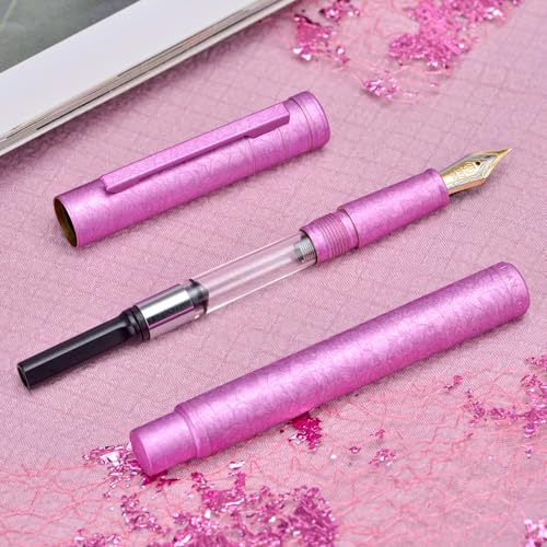 Image of Hongdian 1851 Forest Fountain Pen Pink Ice Flowers, Bent Nib Classic Design with Converter and Metal Pen Case
