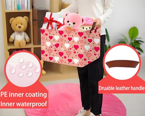 Image of Large Valentine's Day Basket Heart Shaped Storage Bin for Gifts Collapsible Organizer Room Decor (Pink Bottom Red White Love)