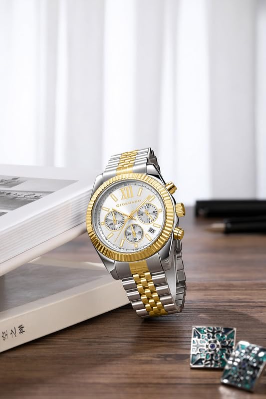 Image of Giordano Chronograph Watch for Men with Round Sunray Dial, Quartz Movement, Three Sub-Dials, Date Display, Roman Numeral Marker, Stainless Steel Strap - GZ-50217