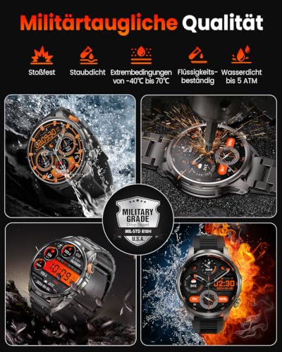 BANLVS Smartwatch Herren Militär mit 1000mAh und LED Taschenlampen, Schwarz – Ansicht 3