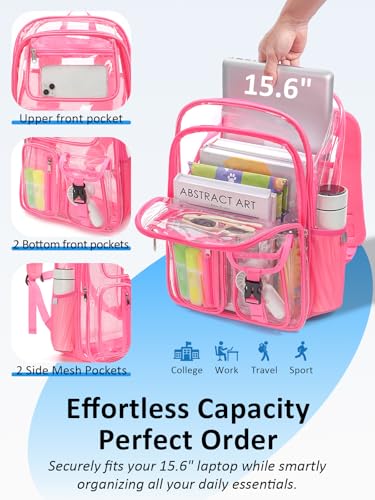 Image of Double-Layer Clear Backpack Heavy Duty, 17 Inch Large Clear Bookbag, Transparent See Through Backpack For School, Work, College, Travel, Sport- Peach Pink