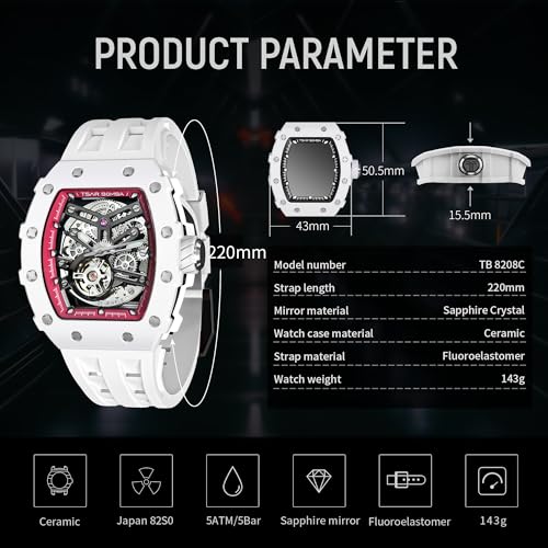 Image of TSAR BOMBA Men's Automatic Watch Tonneau Luxury Skeleton Watches for Men Mechanical 50M Waterproof Analogue Watches Mens Unique Cool Square Big Face Dial Wristwatch with Silicone Strap Band