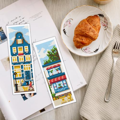 Image of INFUNLY 6 Set DIY Cross Stitch Bookmark Kit Building House Cross Stitch Kits 8 inchx2.4 inch Pre-Printed Architectural Stamped Embroidery Bookmark Kit with Instructions for Beginners Book Lovers Adults Gift