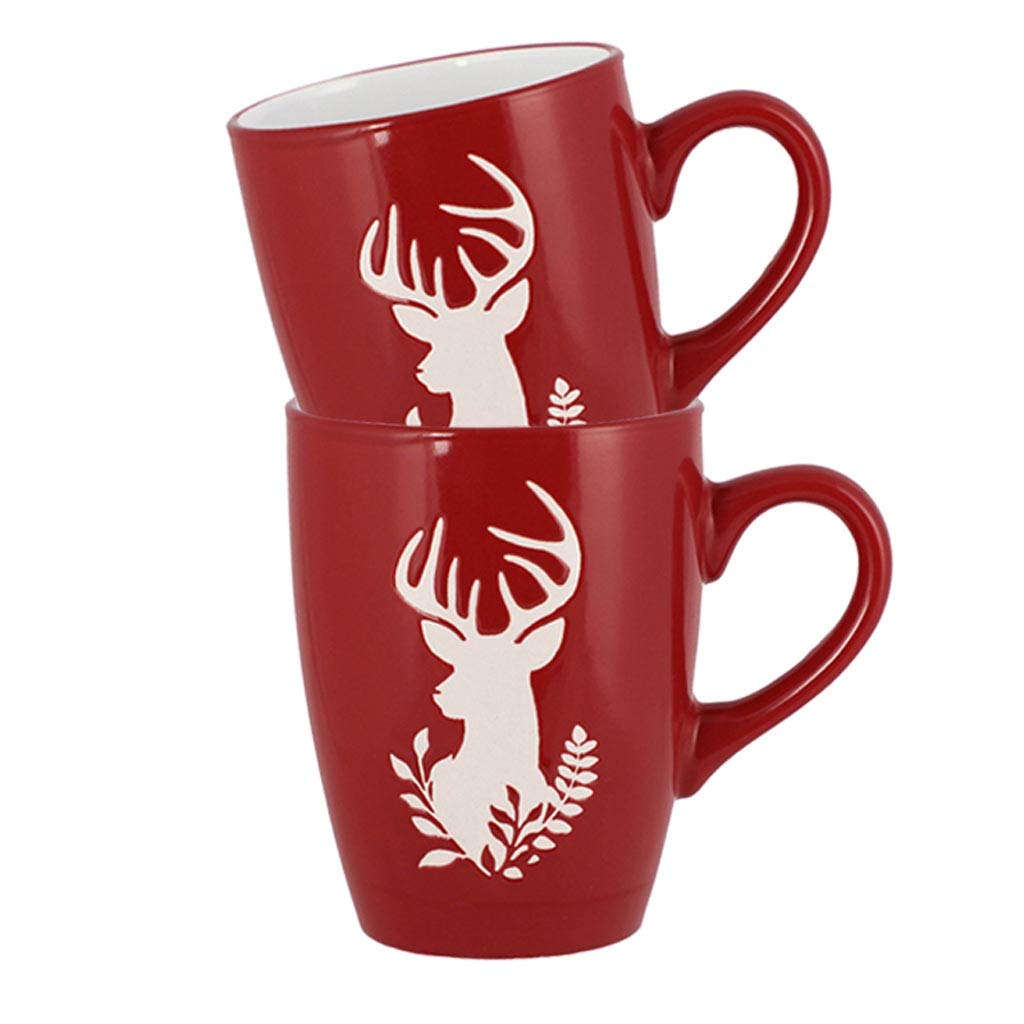 Dibor Tea/Coffee Mug Set of 2 - Red & White 300ml Reindeer Print Cups โ image 1