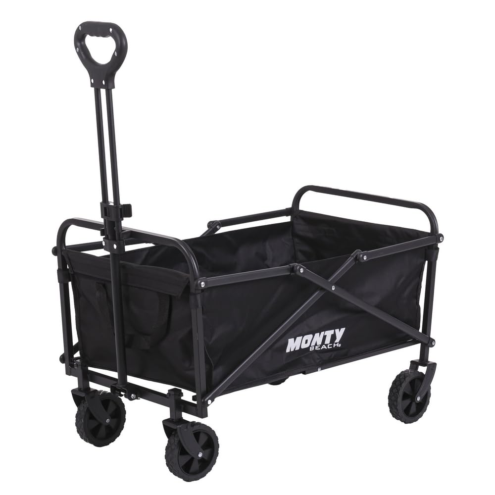 MONTY Carretilla Trolley Plegable Negro | 55 litros, 60 Kg | Estructura Acero con Pintura Anticorrosión, Mango Telescópico y Ruedas Giratorias Todoterreno | 2 Portabotellas