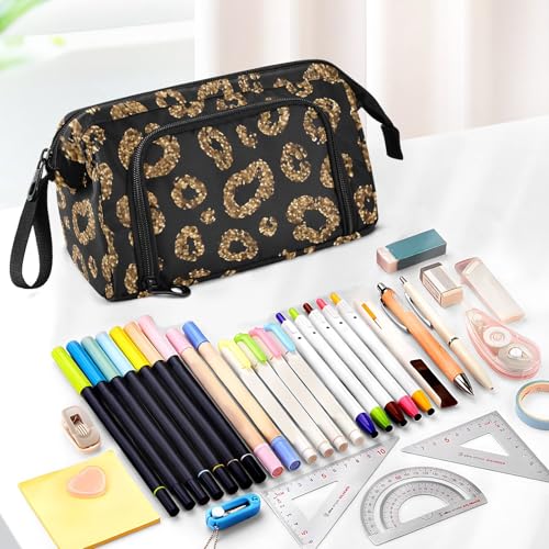 Image of SUABO Big Capacity Pencil Case, Gold Glitter Leopard Pen Bag Pouch Holder Stationery Bag School College Office Organizer for Teen Adults Student