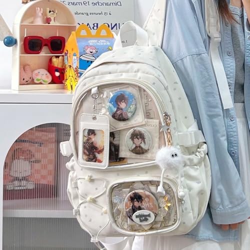 Kawaii Pins Display Backpack Cute Aesthetic Ita Bag with Insert and 2 Keychains for Cosplay 15 Inch Travel Daypack (White)2