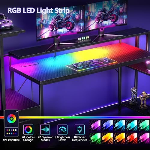 Image of Korfile 63 Inch Gaming Desk with Bluetooth LED Lights & Power Outlets,Computer Desk with Fabric Drawers & Hooks,Reversible Gamer Table with Monitor Stand for Game Room,Home Office,Carbon Fiber Black