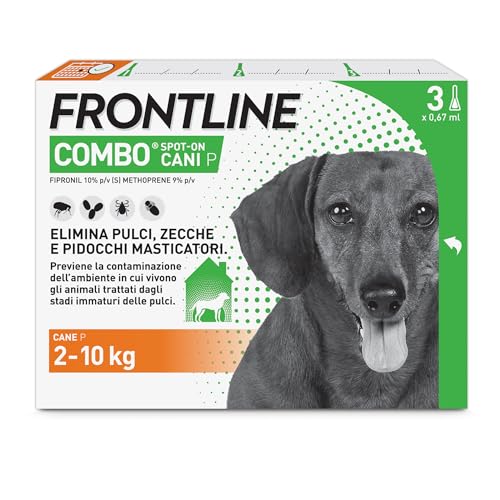 FRONTLINE Combo, 3 Pipette, Cane Taglia S (2 - 10 Kg), Antiparassitario per Cani e Cuccioli di Lunga Durata, Protegge il Cane e Anche la Casa da Pulci, Zecche, Uova e Larve, Antipulci 3 Pipette