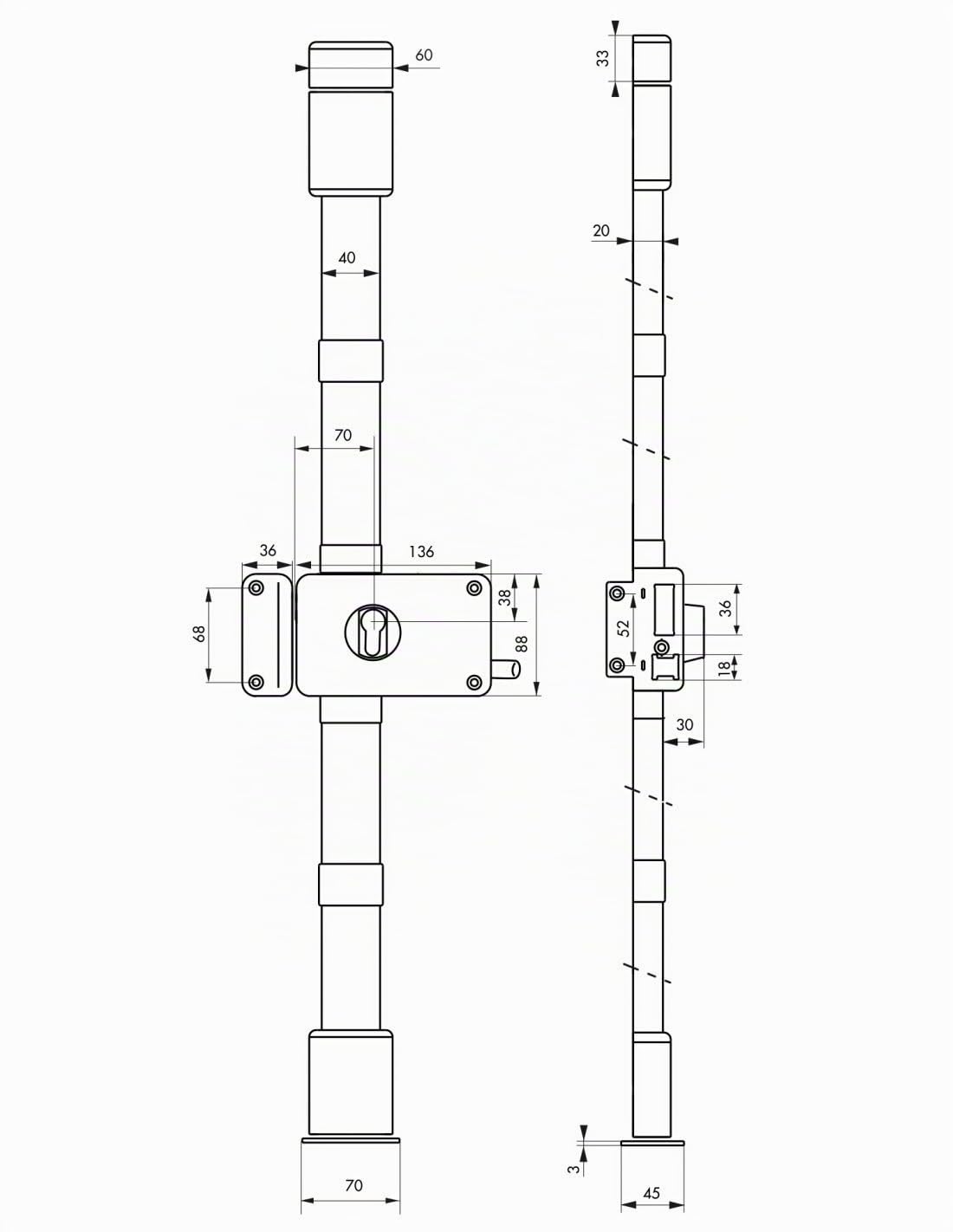 THIRARD - Boitier de Serrure en Applique Horga à Tirage pour Porte d'Entrée - Gauche - 3 Points - Axe 70 mm - Marron - Acier - Verrouillage à 3 Points - Sécurité Renforcée