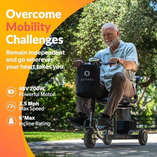 Reyhee Triad Powered Folding Mobility Scooters for Adults Seniors, 50 Lbs Lightweight Portable Electric Scooter with 2 Detachable Batteries, Height-Adjustable Seat and Handlebar, 300lb Weight Capacity