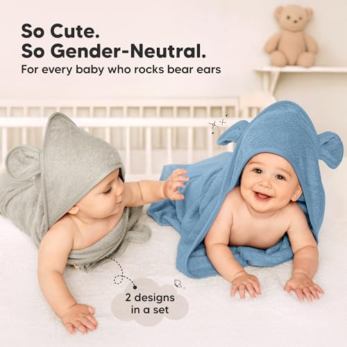 Image of KeaBabies 2-Pack Hooded Baby Towels for Newborn - 30x30 Soft & Absorbent Viscose from Bamboo Baby Bath Towels with Hood for Infant, Toddler,Kids,Boys Girls,Newborn Bath Essentials (Steel, Petite)
