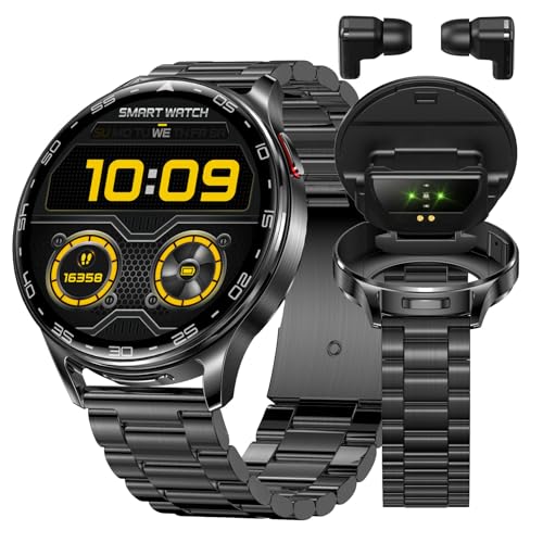JUSUTEK 2025 新人気 【スマートウォッチ+TWSイヤホン一体型】 跳ね蓋式隠しイヤホン 1.39インチ丸型金属腕時計,騒音低減イヤホン,万歩計,両耳イヤホン,音楽制御,リモコン撮影,電卓,HiFi音楽,消費カロリー,着信電話,Line通知,ip