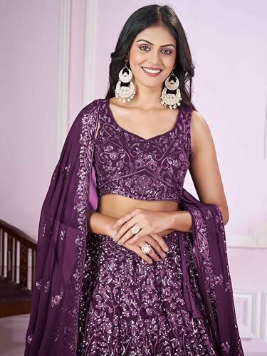 Image of Zeel Clothing Women's Threads Sequins Embroidered Georgette Designer Lehenga Choli with Dupatta (5090-Wedding-Stylish-Lehenga-Choli-Latest; Free Size)