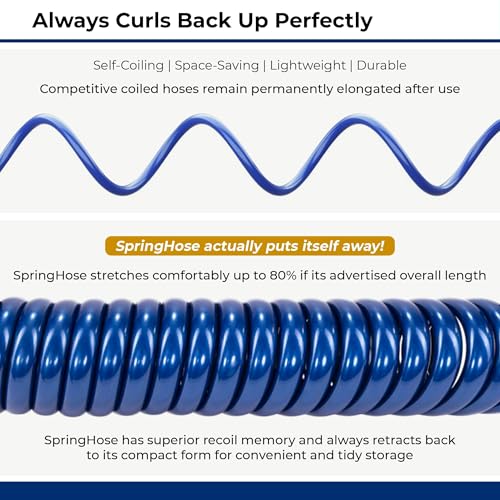 Image of SpringHose RV Quick Connect Water Hose, 3 /8-in x 50-ft | Blue, Coiled RV Water Hose, Drinking Water Safe, Premium Polyurethane, Lightweight, Male Adapter, Made in Canada