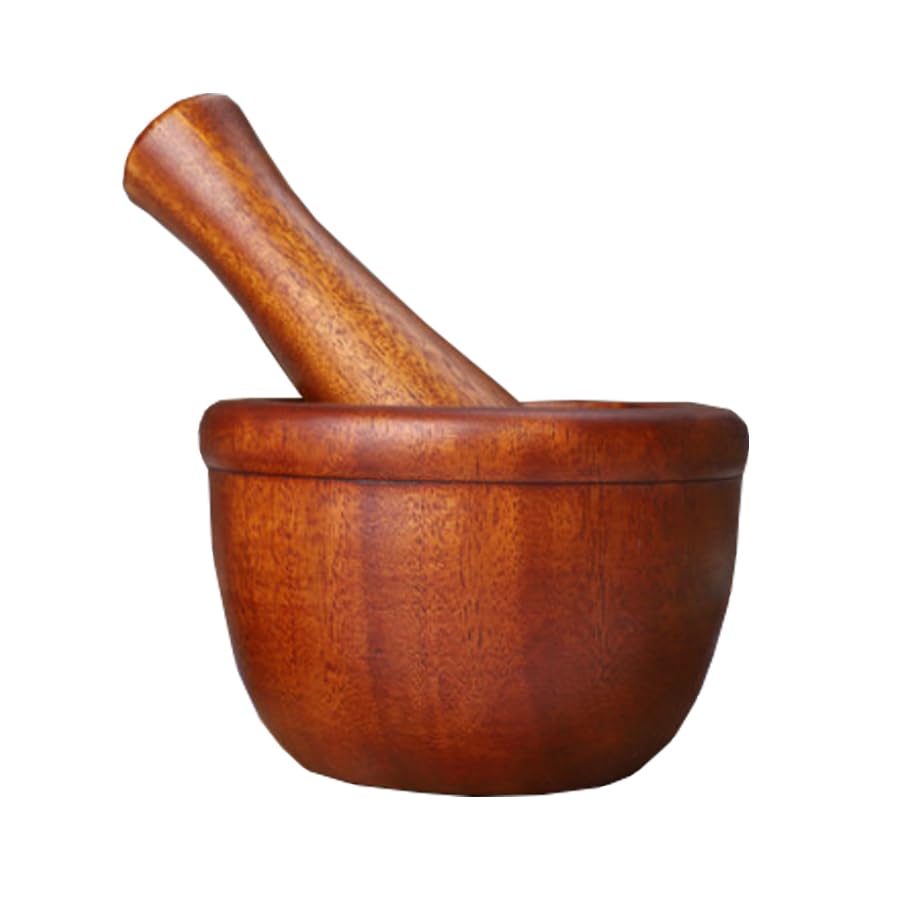 Lacquered Mini Wooden Mortar & Pestle Grinding Bowl Set Garlic Crush Pot Kitchen Tool (Brown, Small)
