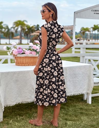 Image of GRACE KARIN Womens Summer Casual Dress, Business Office Work Flowy Dresses | Cap Sleeve, Zipper Front, V Neck, Smocked Waist, Knee Length, Sleeveless, High Waist, Flowy Work,Causal, Midi