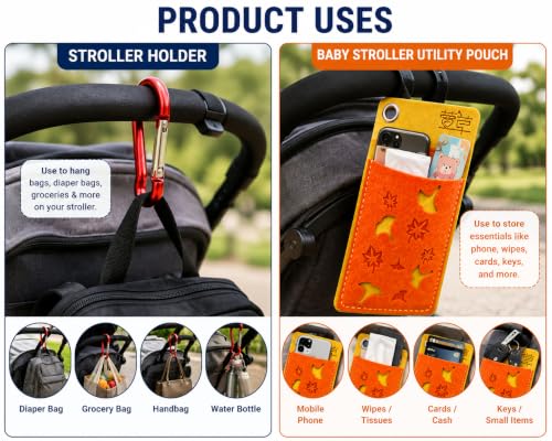 Image of Safe-O-Kid Stroller Holder Hooks (Pack of 2) with FREE Baby Stroller Utility Pouch | Heavy-Duty Aluminum Universal Pram Bag Holder Clips for Diaper Bags, Grocery Bags, Handbags & Baby Essentials - Red