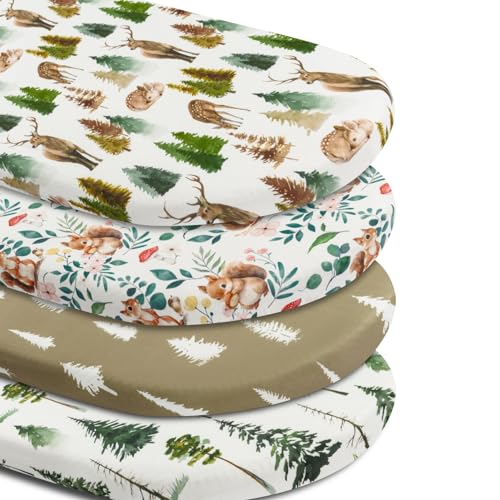 Image of 4 Pack Bassinet Sheets Woodland Forest Animals Wood Neutral Unisex Fitted Baby Bassinet Sheets Set for Standard Bassinets for Baby Boys or Girls