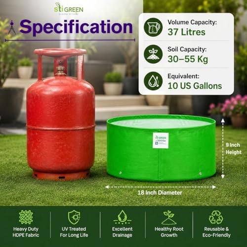 Image of HDPE Grow Bags for Plants 18X9 Inch (Pack of 2) | 260 GSM Heavy Duty UV-Protected Round Green Colour Plant Bags for Terrace and Vegetable Gardening | Strong & Reusable|