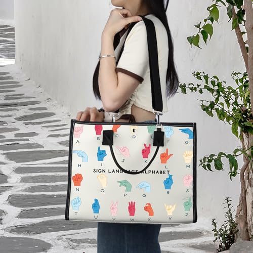 BWWKTOP ASL Teacher Tote Bag American Sign Language Gifts ASL Interpreter Tote Bag Deaf Education Teacher Gifts 5