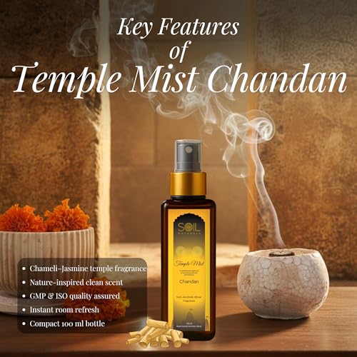 Image of Temple Mist Chandan Room Freshener Spray 100ml | Pure Natural Long Lasting Sandalwood Air Freshener for Home, Office, Car, Living Room Pooja Room Mandir Mediation Fragrance Mist