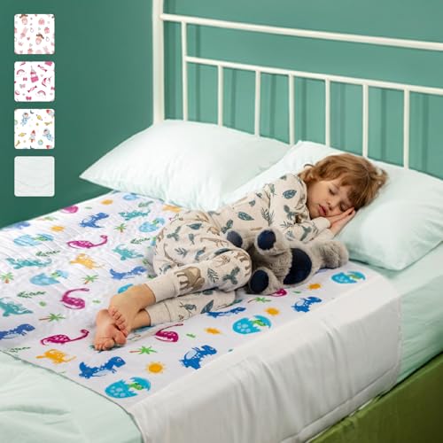 Image of IMPROVIA Pee Pads for Kids - Bed wetting Pads for Kids Potty Training Bed mats for Toddlers Waterproof Reuseable Washable Absorbent, Non Slip - Dino Design - Full Size 34 inchx52