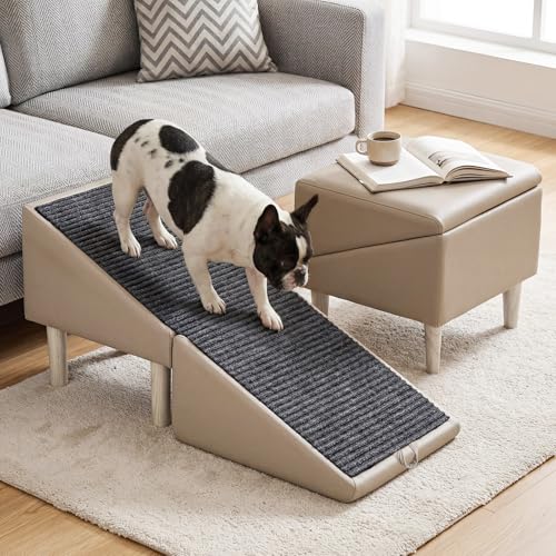 Dog Safety Ramps Foldable 2-in-1 Wooden Pet Stairs & Steps & Ottoman Solid Wood Anti-Slip & High-end Leather Material Pet Ramp Split Ottoman Design Pet Steps for Puppy Senior Injured Dogs