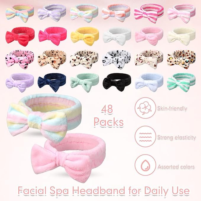 48 diademas de spa a granel con lazo para el cabello, diademas de maquillaje facial, diadema de felpa esponjosa para mujer, lavado de cara, spa, ducha, limpieza (bonito patrón)