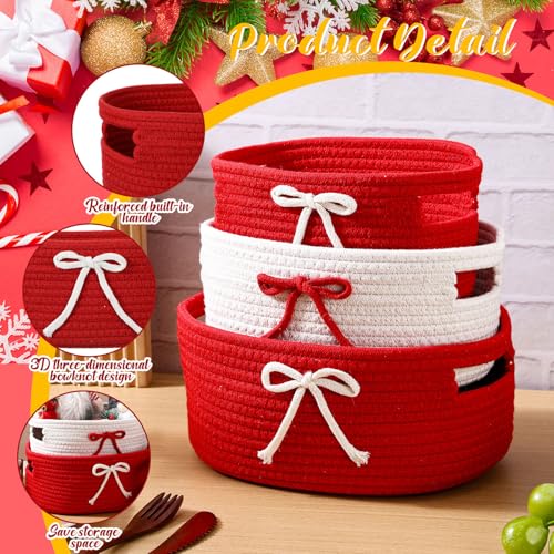 Image of Breling 3 Pieces Valentine's Day Gift Basket Coquette Bow Laundry Hamper Cotton Rope Storage Woven Rope Bin with Handles for Decoration Organization Storage for Nursery, Pet Toy Basket(Red, White)